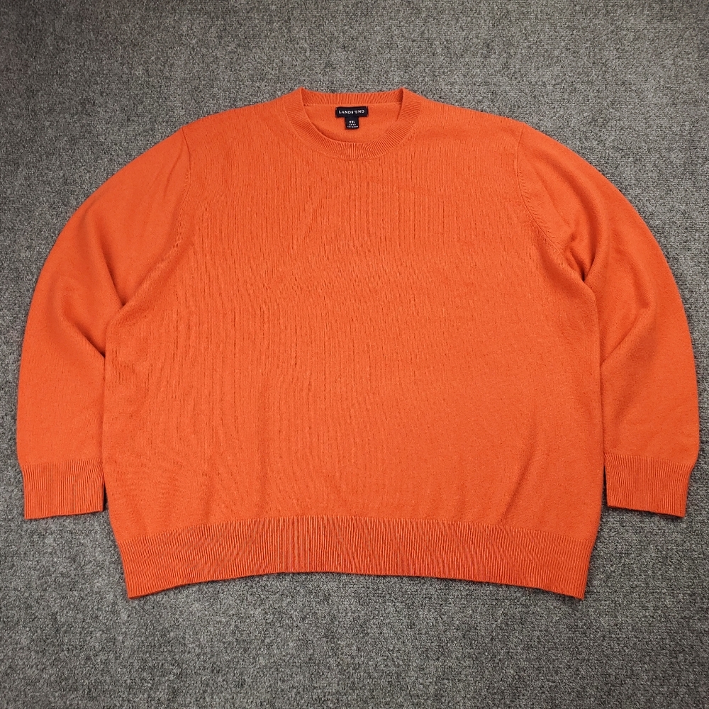 Lands End 100% Cashmere Sweater Mens 2XL Lightweight Soft Wool Orange Crewneck